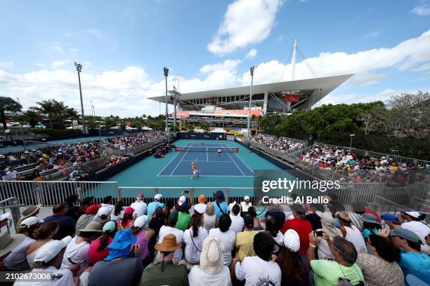 Andy Murray of Great Britain serves with Sebastian Korda against Julian Cash of Great Britain and Tallon Griekspoor of the Netherlands during their...