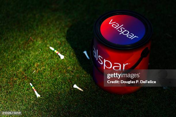 Valspar paint can is seen during the first round of the Valspar Championship at Copperhead Course at Innisbrook Resort and Golf Club on March 21,...