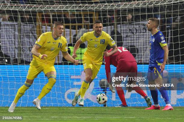 Artem Dovbyk of Ukraine celebrates scoring his team's second goal during the UEFA EURO 2024 Play-Offs semifinal match between Bosnia and Herzegovina...