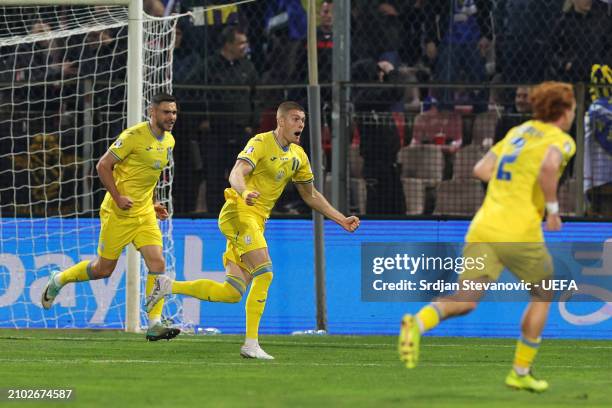 Artem Dovbyk of Ukraine celebrates scoring his team's second goal during the UEFA EURO 2024 Play-Offs semifinal match between Bosnia and Herzegovina...