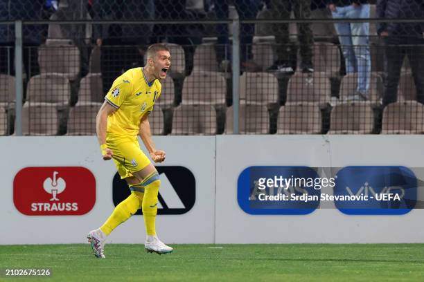 Artem Dovbyk of Ukraine celebrates scoring his team's second goal during the UEFA EURO 2024 Play-Offs semifinal match between Bosnia and Herzegovina...