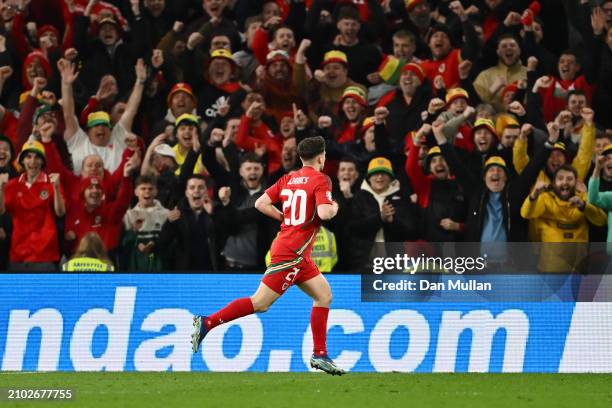 Daniel James of Wales celebrates scoring his team's fourth goal during the UEFA EURO 2024 Play-Offs Semi-final match between Wales and Finland at...