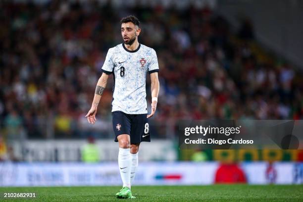 Bruno Fernandes of Portugal gestures during the international friendly match between Portugal and Sweden on March 21, 2024 in Guimaraes, Portugal.