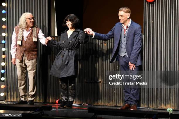 Dieter Hallervorden, Ines Nieri, Mario Ramos during the "Achtsam Morden" theater premiere at Schlosspark Theater on March 23, 2024 in Berlin, Germany.