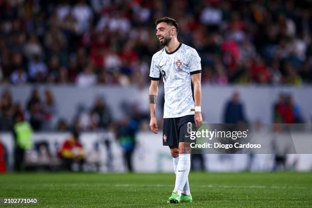 Bruno Fernandes of Portugal gestures during the international friendly match between Portugal and Sweden on March 21, 2024 in Guimaraes, Portugal.