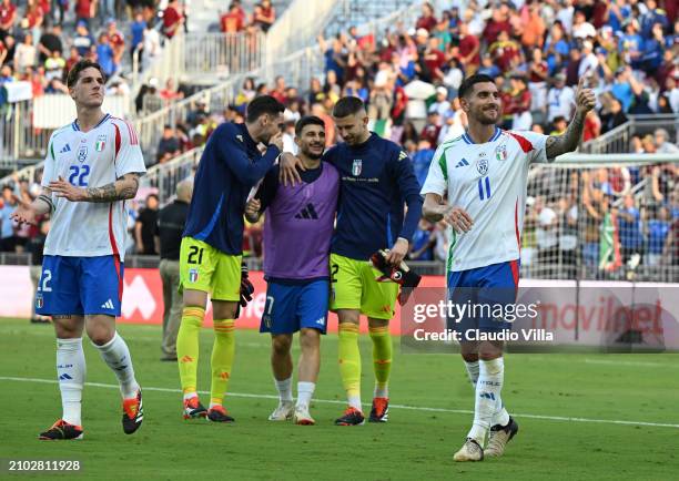 Player of Italy celebrates the win at the end of the International Friendly match between Venezuela and Italy at Chase Stadium on March 21, 2024 in...