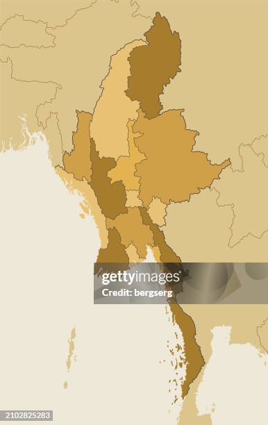 illustrations, cliparts, dessins animés et icônes de carte détaillée du myanmar avec les régions et les frontières nationales du vietnam, de la thaïlande, de l’inde, du bangladesh, de la chine et du laos - bangladesh map