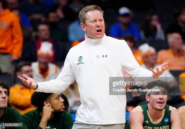 Head coach Niko Medved of the Colorado State Rams reacts during the first half against the Texas Longhorns in the first round of the NCAA Men's...