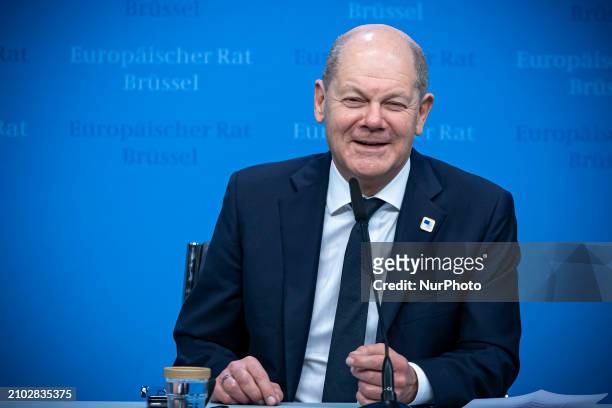 Chancellor of Germany Olaf Scholz holds a press conference after the end of the 2-day European Council Summit. The German Chancellor responded to...