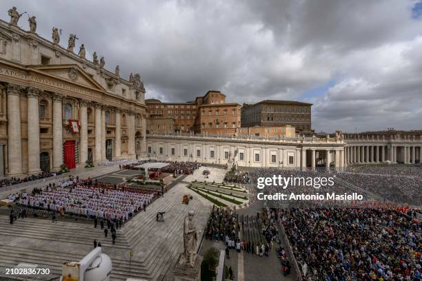 General views show the St. Peter's Square during the Palm Sunday Mass on March 24, 2024 in Vatican City, Vatican. Pope Francis offers his prayers for...