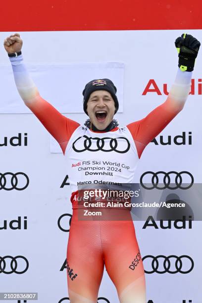 Marco Odermatt of Team Switzerland takes 1st place in the overall standings during the Audi FIS Alpine Ski World Cup Finals Men's Downhill on March...