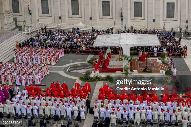 Pope Francis presides over Palm Sunday Mass at St. Peter's Square on March 24, 2024 in Vatican City, Vatican.Pope Francis offers his prayers for the...