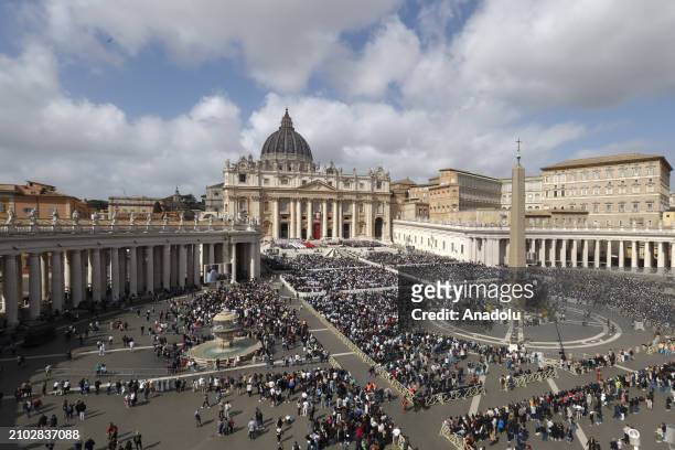 An aerial view of the St. Peter's Square as Pope Francis celebrates the Palm Sunday Mass at the Vatican City, Vatican on March 24, 2024.