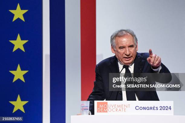 The President of the MoDem centrist party Francois Bayrou gives a speech during the congress of his party in Blois, on March 24, 2024.