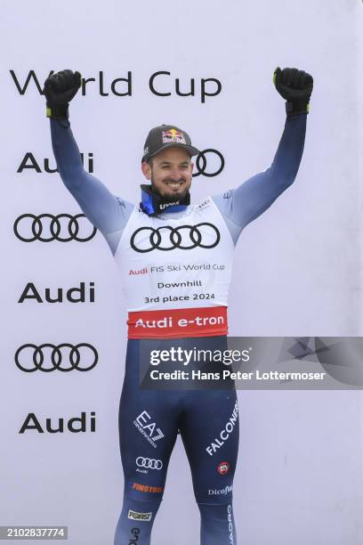 Dominik Paris of Italy third place with the medal for third place in the overall Downhill World Cup 2023/24 during the Audi FIS Alpine Ski World Cup...