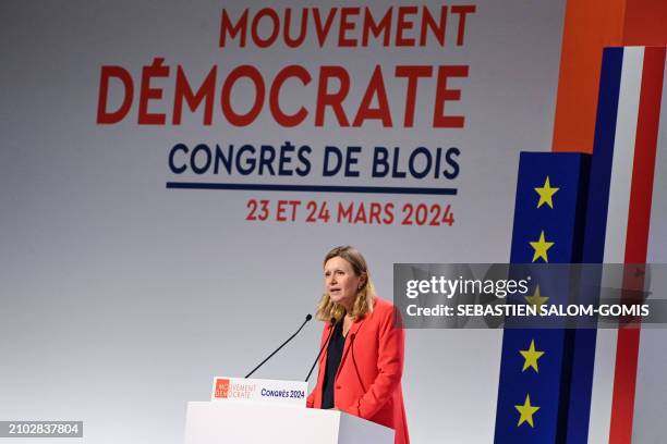 National Assembly President Yael Braun-Pivet delivers a speech at the MoDem centrist party congress in Blois, on March 24, 2024.