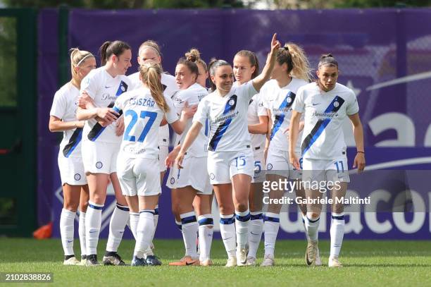 Annamaria Serturini of FC Internazionale celebrates with teammates after scoring a goal during the Women Serie A Playoffs match between Fiorentina...
