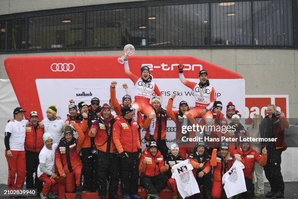 Nations Cup overall winner Team Switzerland with Crystal Globe during the Audi FIS Alpine Ski World Cup Finals - Men's Downhill on March 24, 2024 in...