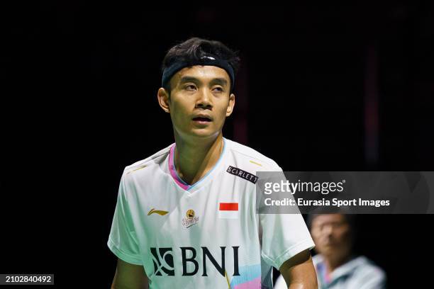 Bagas Maulana of Indonesia in action against Ben Lane and Sean Vendy of England during The Yonex Swiss Open Badminton at Jakobshalle Basel on March...