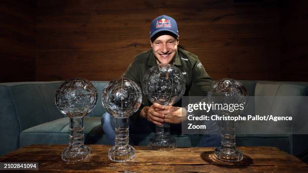 Marco Odermatt of Team Switzerland takes 1st place in the overall standings during the Audi FIS Alpine Ski World Cup Finals Men's Downhill on March...