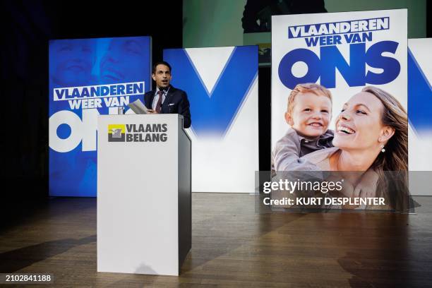 Vlaams Belang chairman Tom Van Grieken delivers a speech at the program congress of Flemish far right party Vlaams Belang, in Gent, Sunday 24 March...
