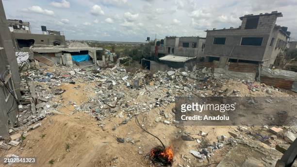View of the destruction as the some Palestinians return their homes after the Israeli forces, withdrawal from Bureij refugee camp in Deir al-Balah,...