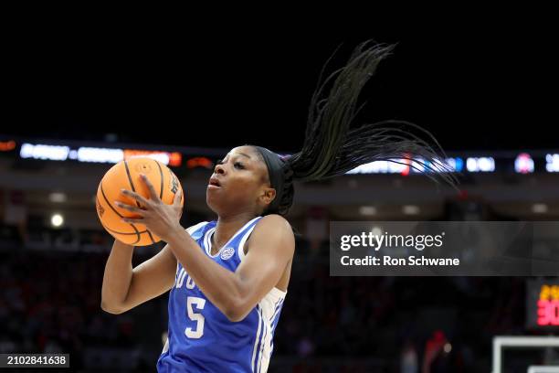 Oluchi Okananwa of the Duke Blue Devils secures the rebound during the second round of the 2024 NCAA Women's Basketball Tournament against the Ohio...