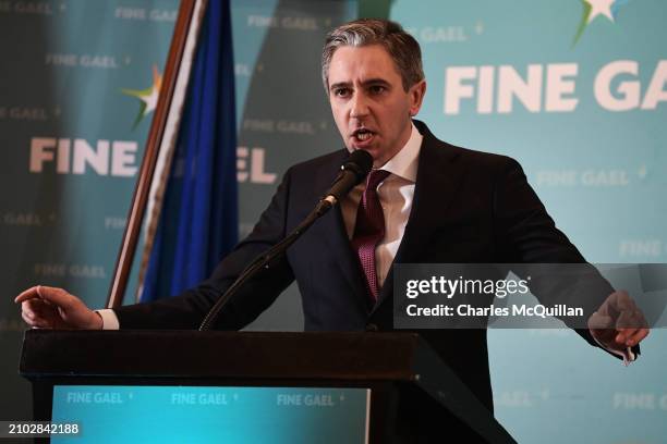 Simon Harris outlines his key priorities in a speech before being announced as the new Fine Gael leader later today, on March 24, 2024 in Athlone,...