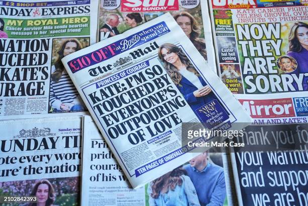 In this photo illustration, a selection of UK Sunday newspaper front pages, including The Sunday Telegraph, Sunday Express, The Sun on Sunday, The...
