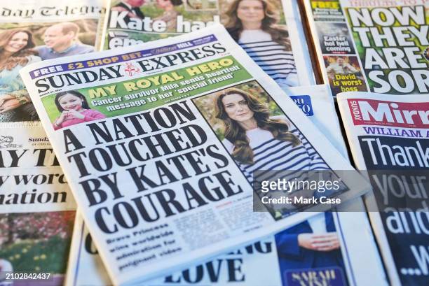 In this photo illustration, a selection of UK Sunday newspaper front pages, including The Sunday Telegraph, Sunday Express, The Sun on Sunday, The...