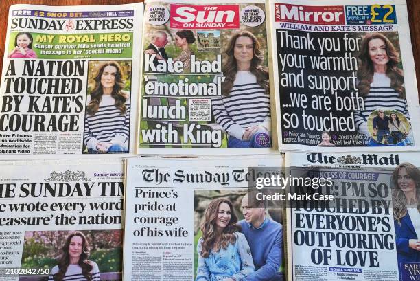 In this photo illustration, a selection of UK Sunday newspaper front pages, including The Sunday Telegraph, Sunday Express, The Sun on Sunday, The...