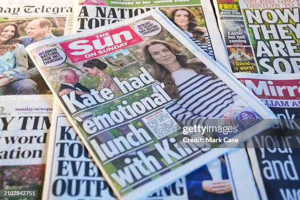 In this photo illustration, a selection of UK Sunday newspaper front pages, including The Sunday Telegraph, Sunday Express, The Sun on Sunday, The...