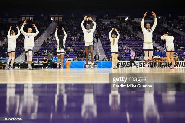 The Kansas State Wildcats warm up during the second round of the 2024 NCAA Women's Basketball Tournament against the Colorado Buffaloes held at...