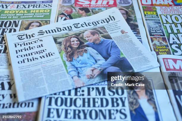 In this photo illustration, a selection of UK Sunday newspaper front pages, including The Sunday Telegraph, Sunday Express, The Sun on Sunday, The...