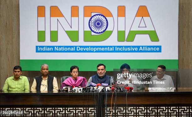 Delhi Ministers and AAP leaders Atishi Singh, Saurabh Bhardwaj and Gopal Rai along with Delhi Congress President Arvinder Singh Lovely during a press...