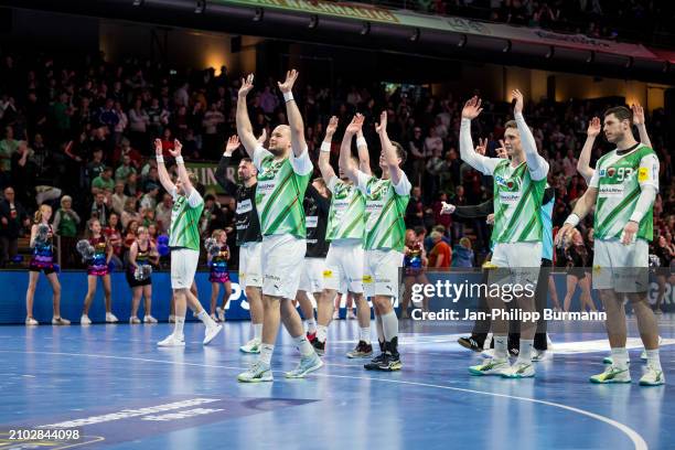 Players from the Fuechse Berlin celebrate the victory after the match between the Fuechse Berlin and the HBW Balingen-Weilstetten at Max-Schmeling...