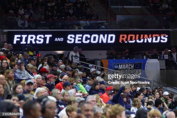General view tournament round signage for the first and seconds rounds during the Jackson State Lady Tigers game versus the UConn Huskies in the...