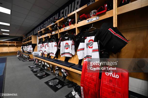 General view of the Ohio State locker room during the Division I Women's Ice Hockey Championship game held at Whittemore Center Arena on March 24,...