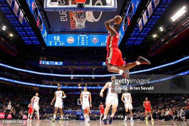 Zion Williamson of the New Orleans Pelicans dunks the ball during the game against the Detroit Pistons on March 24, 2024 at Little Caesars Arena in...