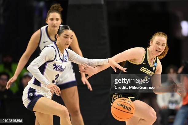 Jaelyn Glenn of the Kansas State Wildcats and Frida Formann of the Colorado Buffaloes chase the ball during the second round of the 2024 NCAA Women's...