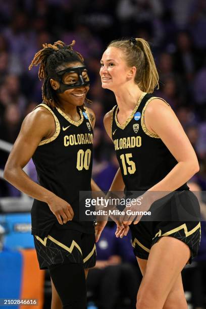 Jaylyn Sherrod of the Colorado Buffaloes and Kindyll Wetta of the Colorado Buffaloes celebrate during the second round of the 2024 NCAA Women's...