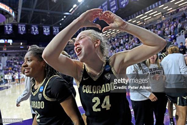 Maddie Nolan of the Colorado Buffaloes celebrates after beating the Kansas State Wildcats in the second round of the NCAA Women's Basketball...