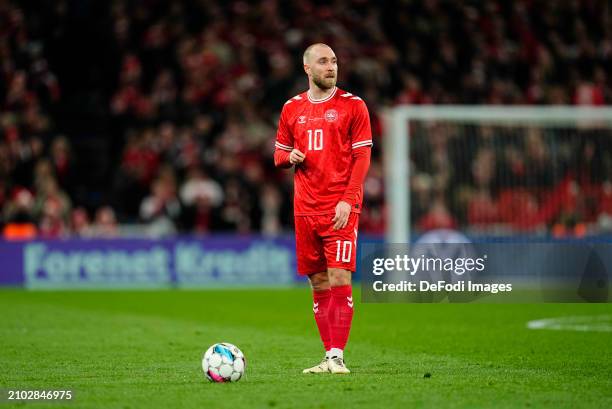 Christian Eriksen of Denmark looks on during the international friendly match between Denmark and Switzerland at Parken Stadium on March 23, 2024 in...