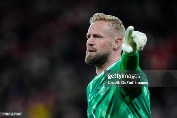 Kasper Schmeichel of Denmark gestures during the international friendly match between Denmark and Switzerland at Parken Stadium on March 23, 2024 in...