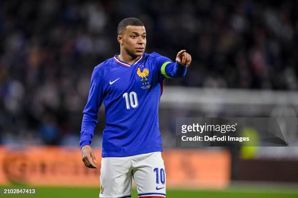 Kylian Mbappe of France gestures during the international friendly match between France and Germany at Groupama Stadium on March 23, 2024 in Lyon,...