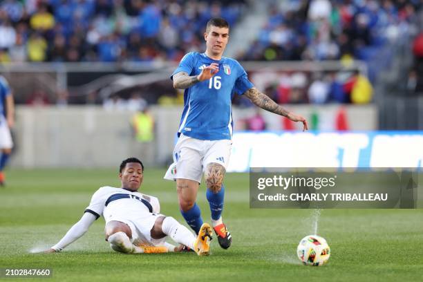 Ecuador's forward Gonzalo Plata fights for the ball with Italy's defender Gianluca Mancini during the international friendly football match between...