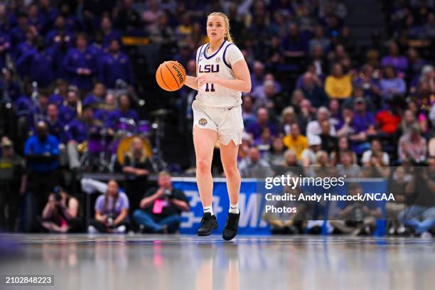 Hailey Van Lith of the LSU Tigers brings the ball upcourt during the second quarter against the Middle Tennessee Blue Raiders during the second round...
