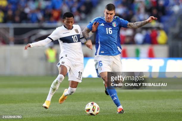 Ecuador's forward Gonzalo Plata fights for the ball with Italy's defender Gianluca Mancini during the international friendly football match between...