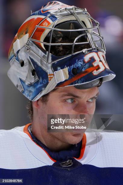 Ilya Sorokin of the New York Islanders looks on play against the New Jersey Devils at UBS Arena on March 24, 2024 in Elmont, New York.