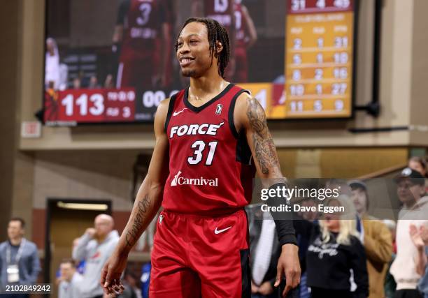 March 24: Alondes Williams of the Sioux Falls Skyforce smiles following their game against the Cleveland Charge on March 24, 2024 at the Sanford...